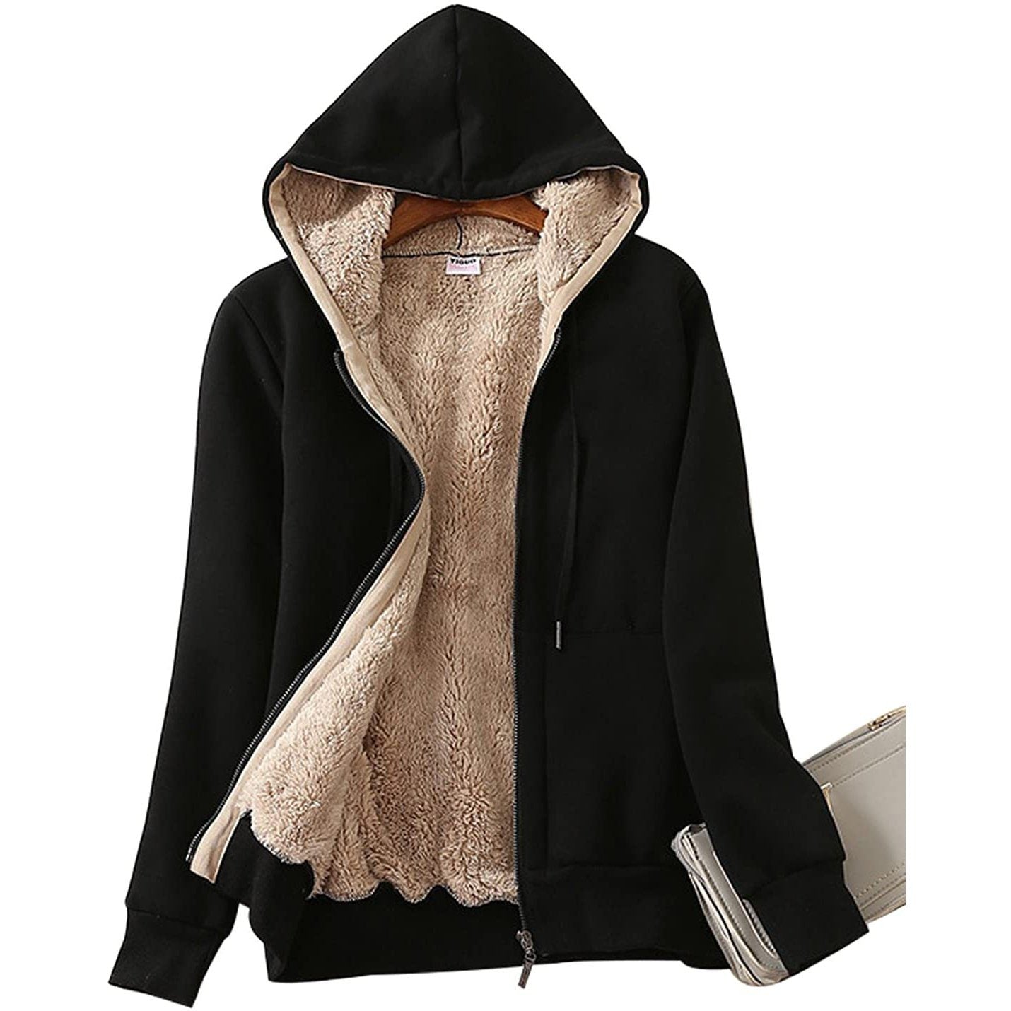 Women's Casual Winter Warm Sherpa Lined Zip Up Hooded Sweatshirt Jacket Black __stock:100 Jackets & Coats refund_fee:1200