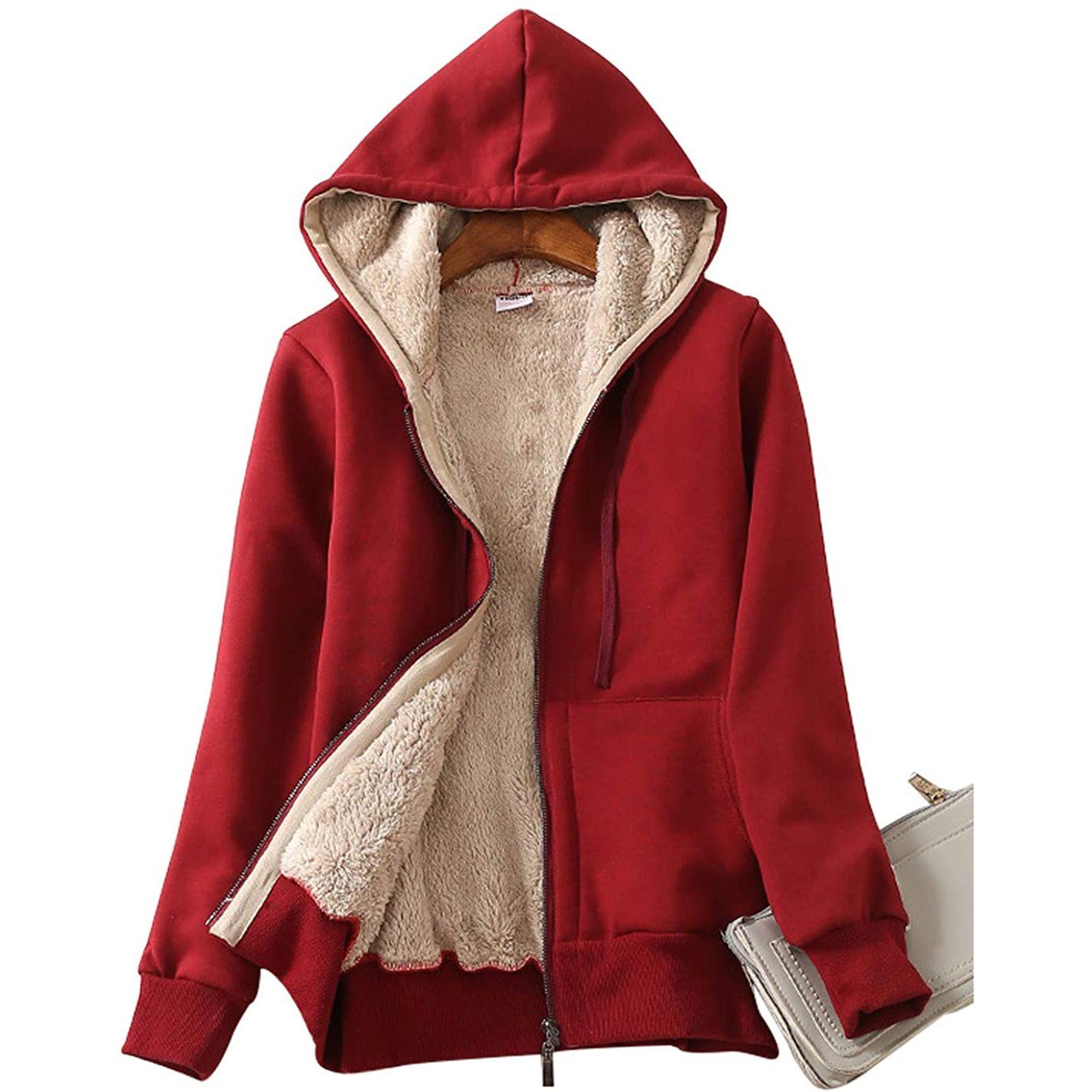 Women's Casual Winter Warm Sherpa Lined Zip Up Hooded Sweatshirt Jacket Wine Red __stock:100 Jackets & Coats refund_fee:1200