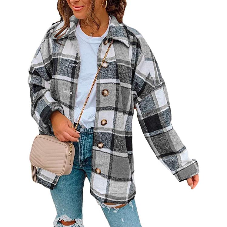 Women's Casual Woolen Long Sleeve Button Down Plaid Jacket Gray __stock:50 Jackets & Coats refund_fee:1200