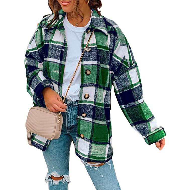 Women's Casual Woolen Long Sleeve Button Down Plaid Jacket Green __stock:50 Jackets & Coats refund_fee:1200