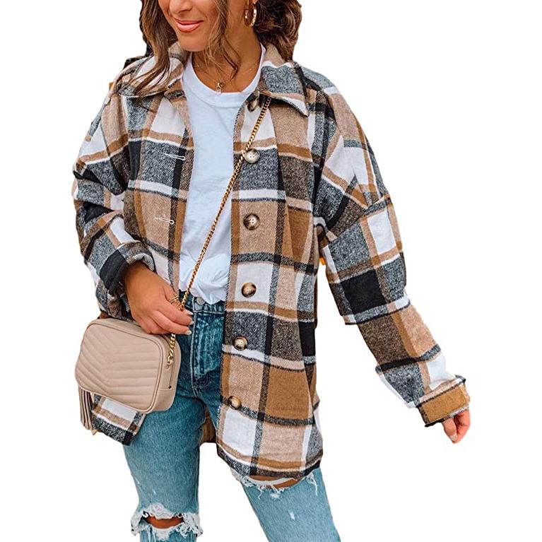 Women's Casual Woolen Long Sleeve Button Down Plaid Jacket Khaki __stock:50 Jackets & Coats refund_fee:1200