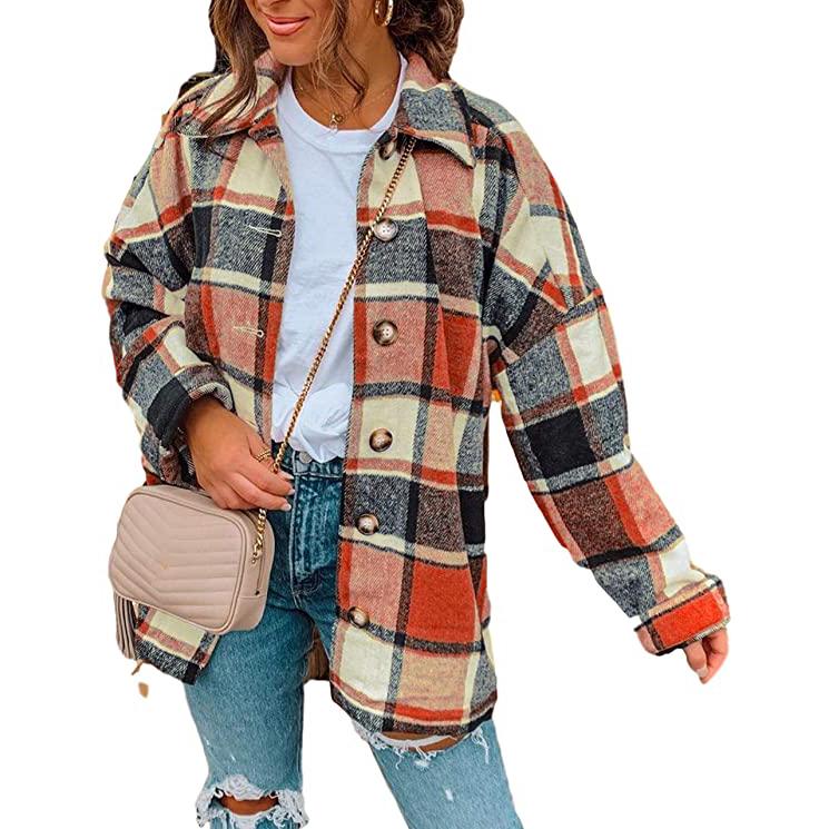 Women's Casual Woolen Long Sleeve Button Down Plaid Jacket Orange __stock:50 Jackets & Coats refund_fee:1200