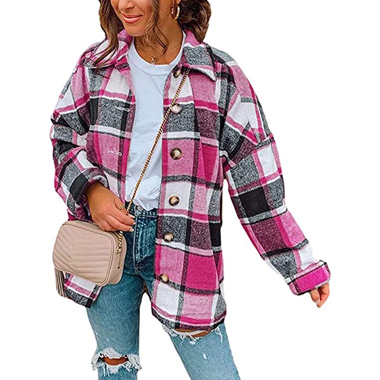 Women's Casual Woolen Long Sleeve Button Down Plaid Jacket Rose __stock:50 Jackets & Coats refund_fee:1200