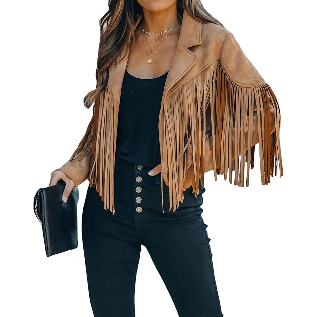 Women's Chic Cropped Tassel Jacket Camel __stock:200 Jackets & Coats refund_fee:1200