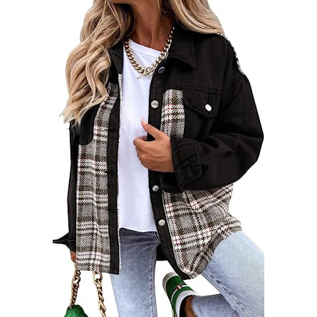 Women's Denim Jacket Long Sleeve Plaid Button Down Shirts Shacket Black __stock:200 Jackets & Coats refund_fee:1200