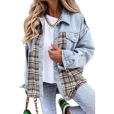 Women's Denim Jacket Long Sleeve Plaid Button Down Shirts Shacket __stock:200 Jackets & Coats refund_fee:1200