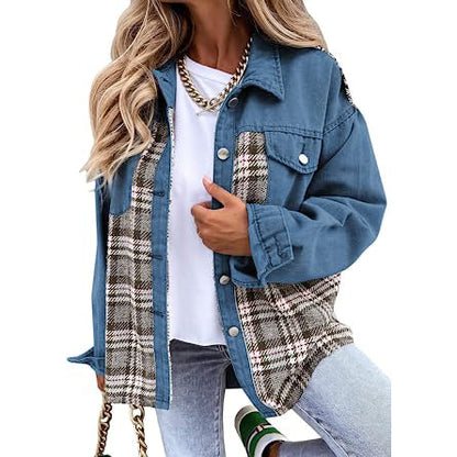 Women's Denim Jacket Long Sleeve Plaid Button Down Shirts Shacket Blue __stock:200 Jackets & Coats refund_fee:1200