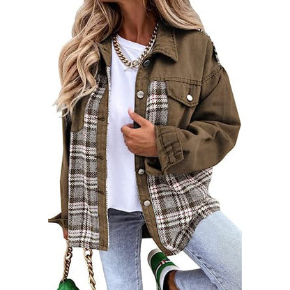 Women's Denim Jacket Long Sleeve Plaid Button Down Shirts Shacket Brown __stock:200 Jackets & Coats refund_fee:1200