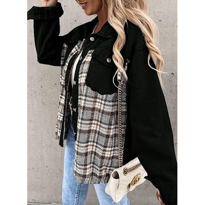 Women's Denim Jacket Long Sleeve Plaid Button Down Shirts Shacket