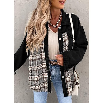 Women's Denim Jacket Long Sleeve Plaid Button Down Shirts Shacket