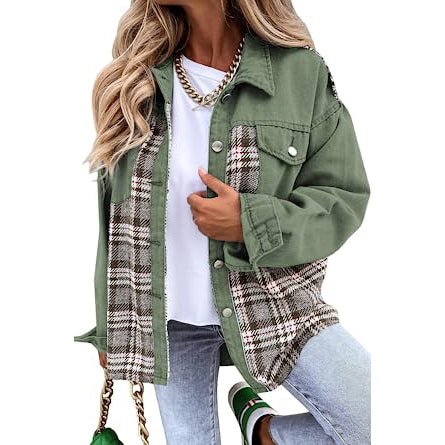 Women's Denim Jacket Long Sleeve Plaid Button Down Shirts Shacket Green __stock:200 Jackets & Coats refund_fee:1200