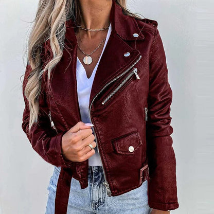 Women's Faux Modern Street Style Leather Jacket Wine __stock:200 Jackets & Coats refund_fee:1200