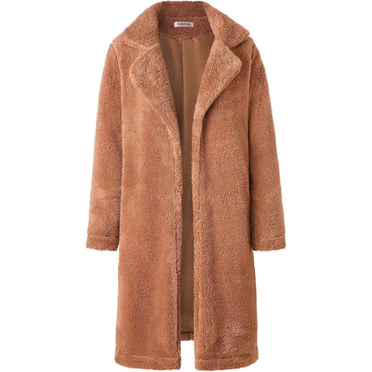 Women's Fuzzy Fleece Lapel Open Front Long Cardigan Coat Apricot __stock:100 Jackets & Coats refund_fee:1200