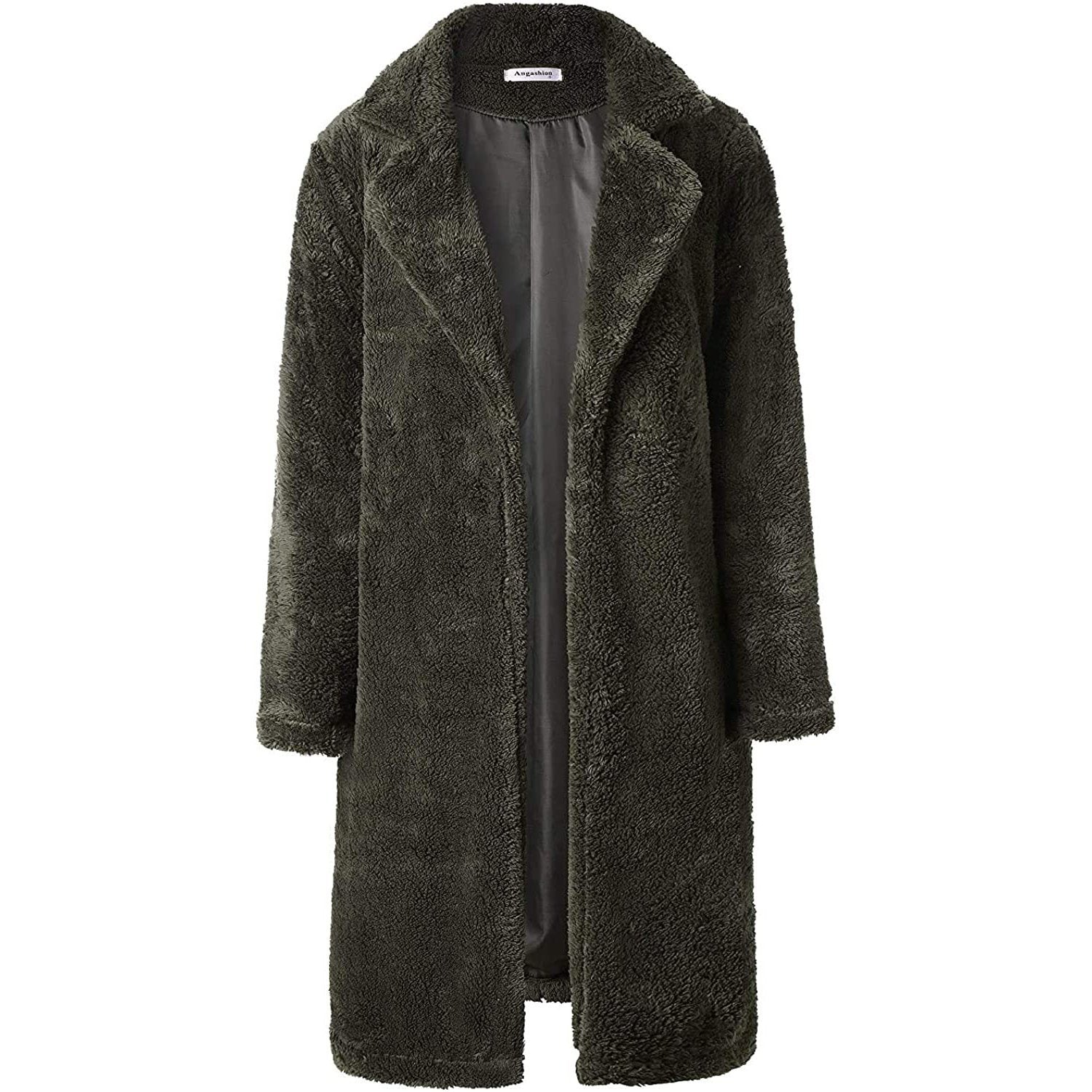 Women's Fuzzy Fleece Lapel Open Front Long Cardigan Coat Army Green __stock:100 Jackets & Coats refund_fee:1200