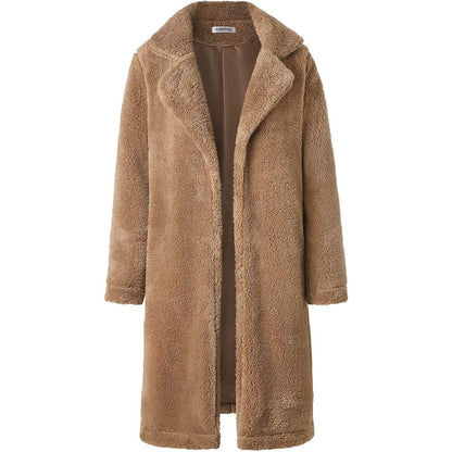 Women's Fuzzy Fleece Lapel Open Front Long Cardigan Coat Brown __stock:100 Jackets & Coats refund_fee:1200