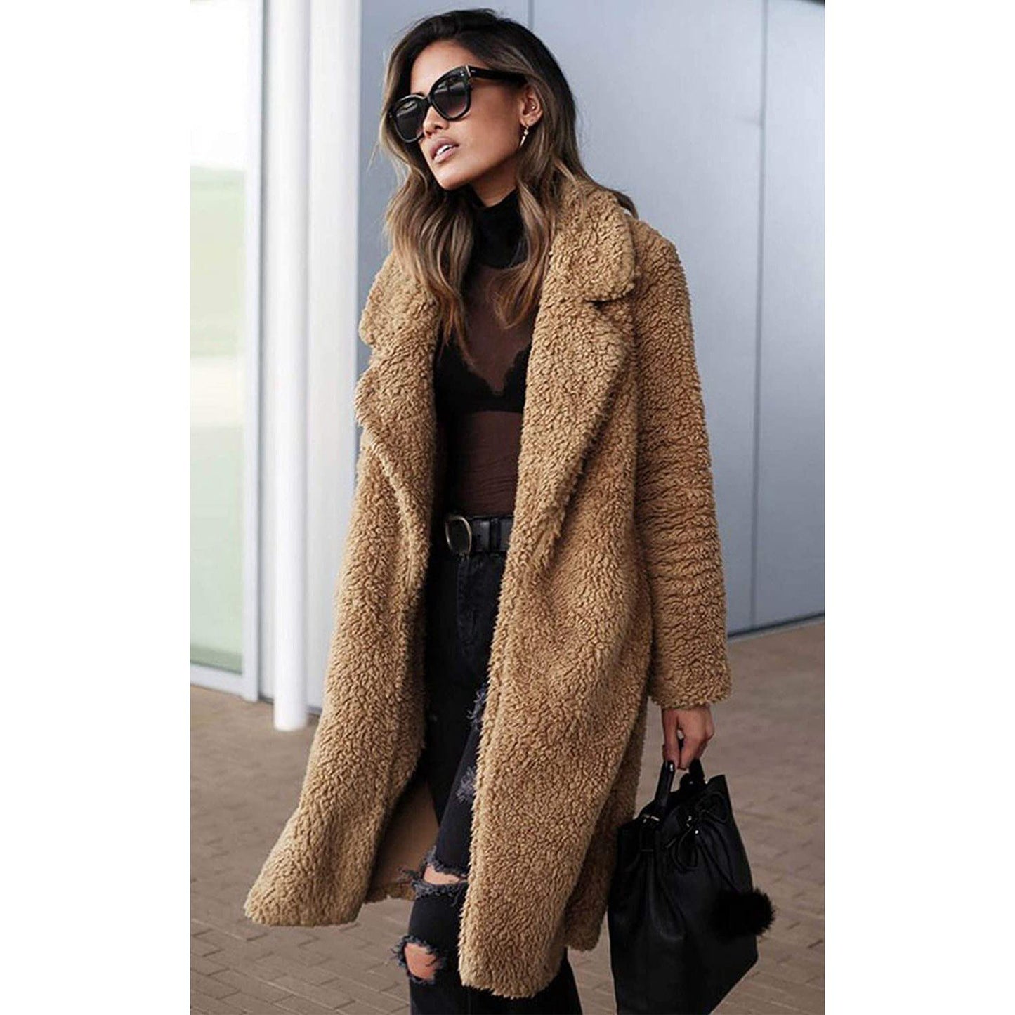 Women's Fuzzy Fleece Lapel Open Front Long Cardigan Coat