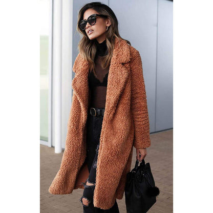 Women's Fuzzy Fleece Lapel Open Front Long Cardigan Coat