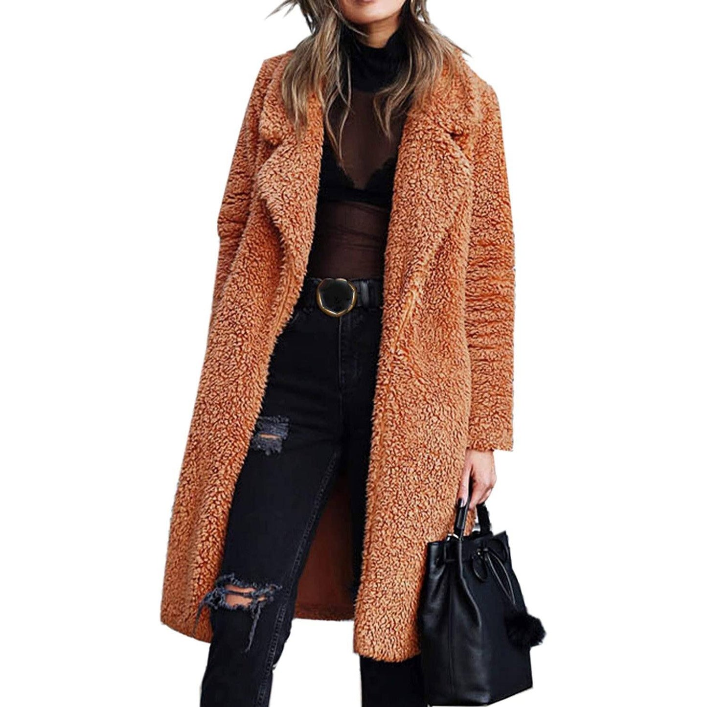 Women's Fuzzy Fleece Lapel Open Front Long Cardigan Coat