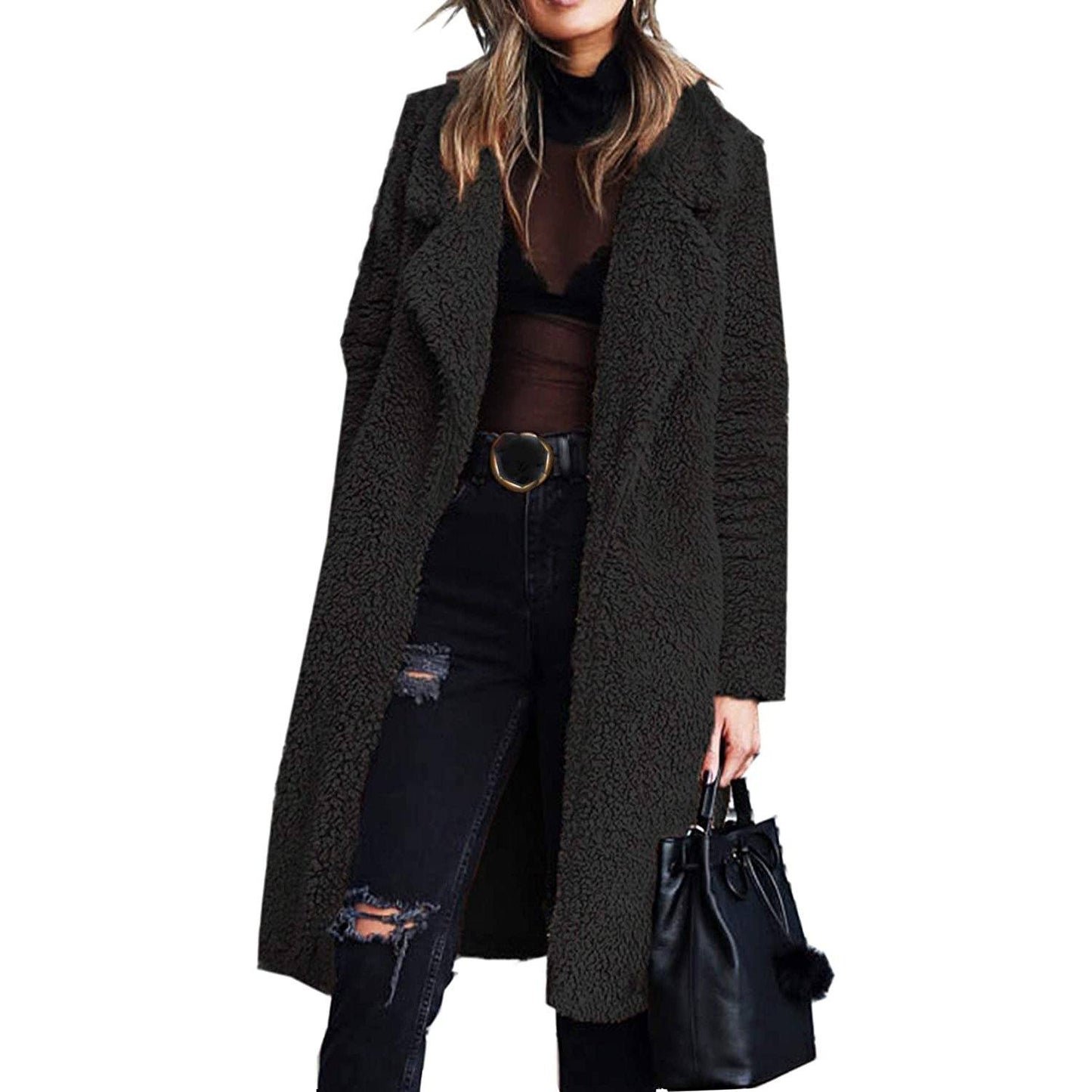 Women's Fuzzy Fleece Lapel Open Front Long Cardigan Coat