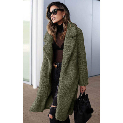 Women's Fuzzy Fleece Lapel Open Front Long Cardigan Coat