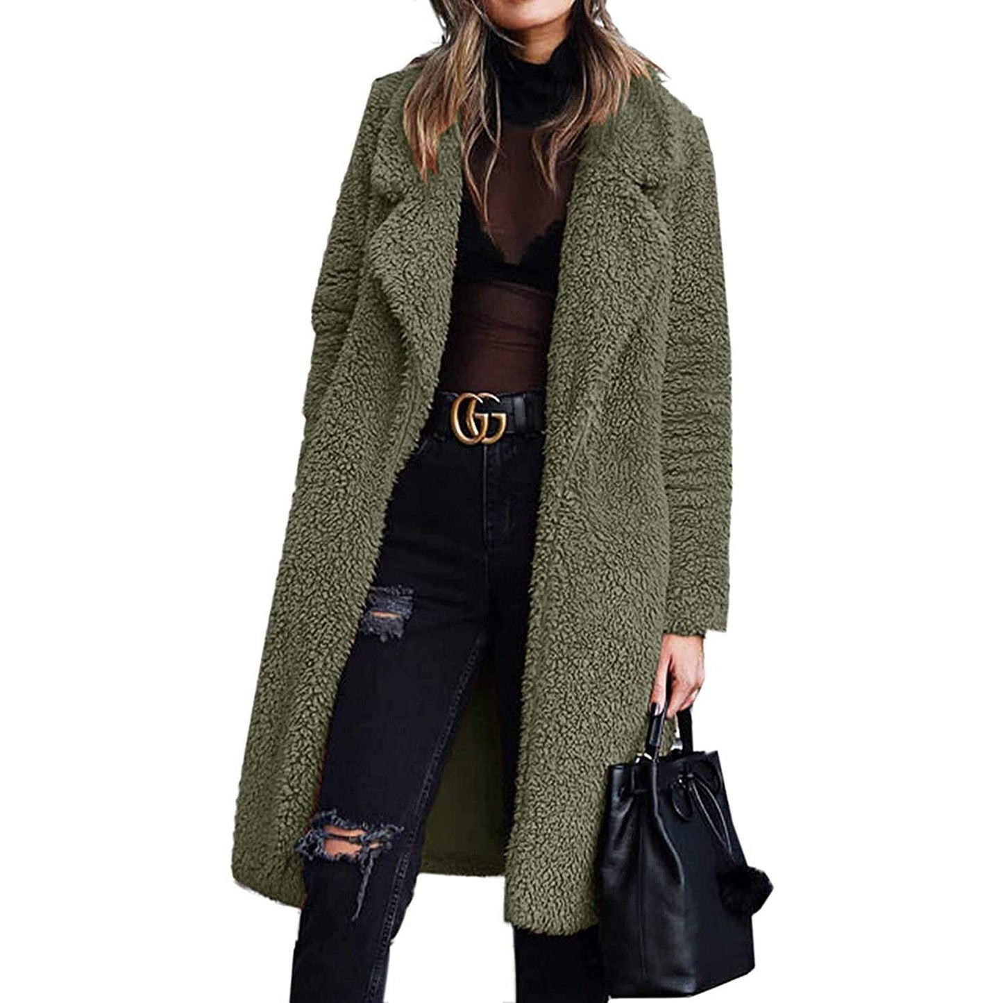 Women's Fuzzy Fleece Lapel Open Front Long Cardigan Coat