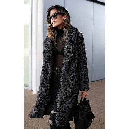 Women's Fuzzy Fleece Lapel Open Front Long Cardigan Coat