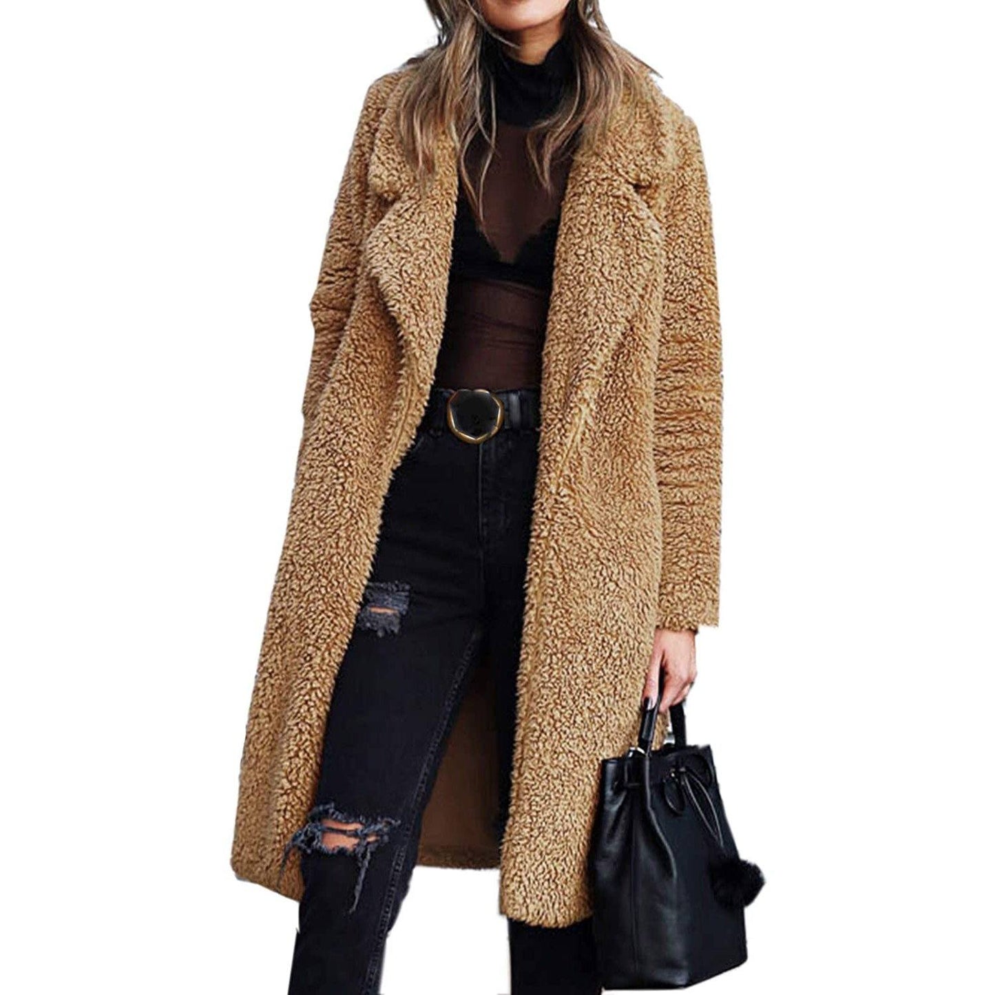 Women's Fuzzy Fleece Lapel Open Front Long Cardigan Coat