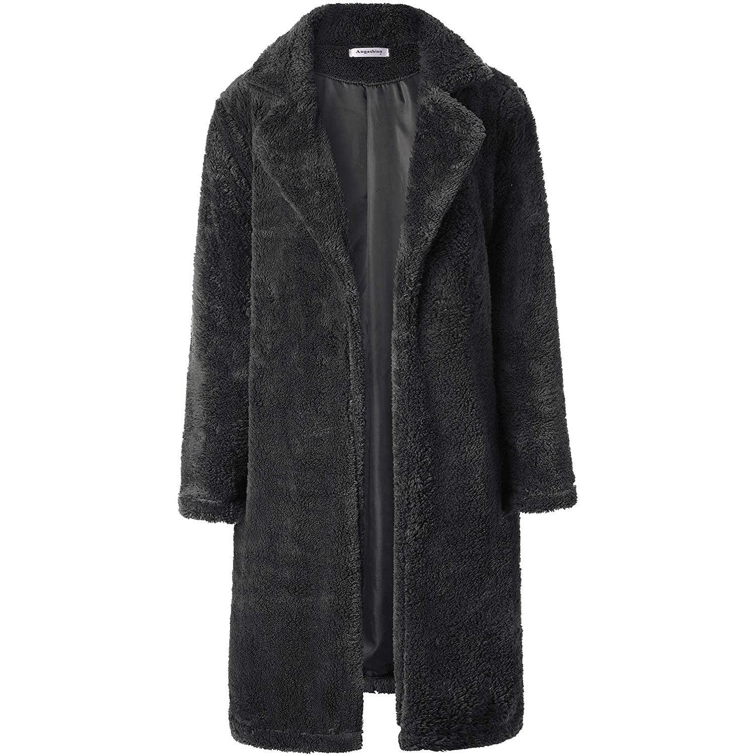 Women's Fuzzy Fleece Lapel Open Front Long Cardigan Coat Dark Gray __stock:100 Jackets & Coats refund_fee:1200