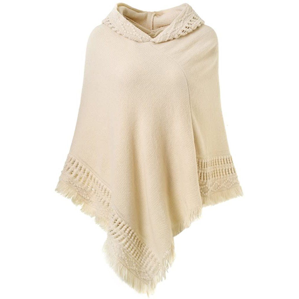 Womens Hooded Cape with Fringed Hem, Crochet Poncho Knitting Patterns Beige __stock:50 Jackets & Coats refund_fee:1200