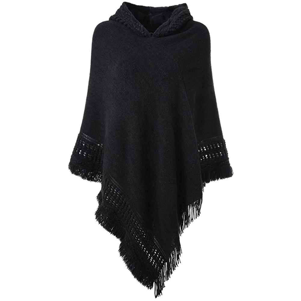 Womens Hooded Cape with Fringed Hem, Crochet Poncho Knitting Patterns Black __stock:50 Jackets & Coats refund_fee:1200