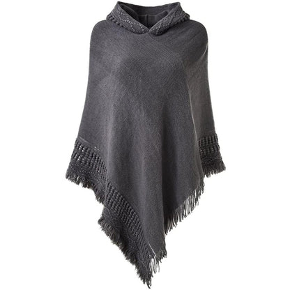 Womens Hooded Cape with Fringed Hem, Crochet Poncho Knitting Patterns Gray __stock:50 Jackets & Coats refund_fee:1200