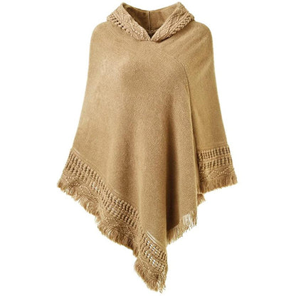 Womens Hooded Cape with Fringed Hem, Crochet Poncho Knitting Patterns Khaki __stock:50 Jackets & Coats refund_fee:1200