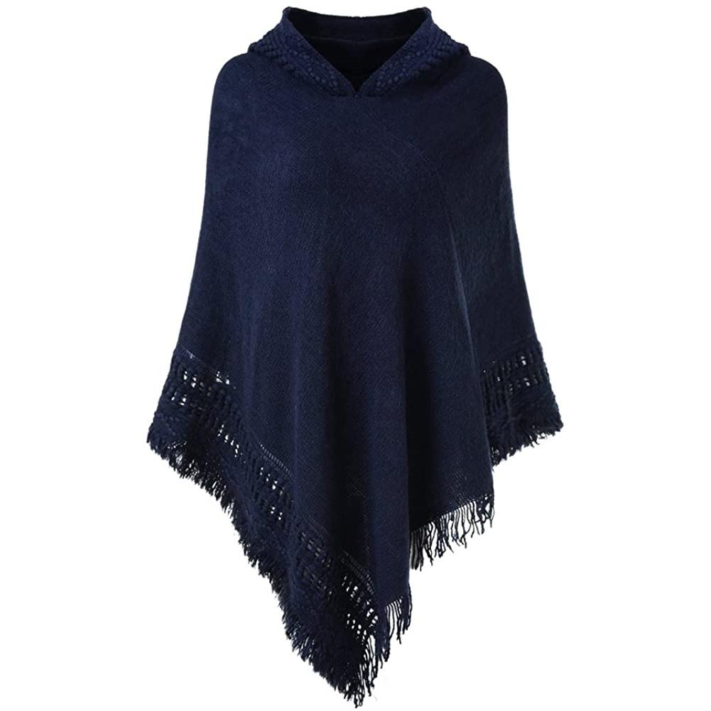 Womens Hooded Cape with Fringed Hem, Crochet Poncho Knitting Patterns Navy Blue __stock:50 Jackets & Coats refund_fee:1200