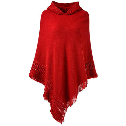 Womens Hooded Cape with Fringed Hem, Crochet Poncho Knitting Patterns Red __stock:50 Jackets & Coats refund_fee:1200