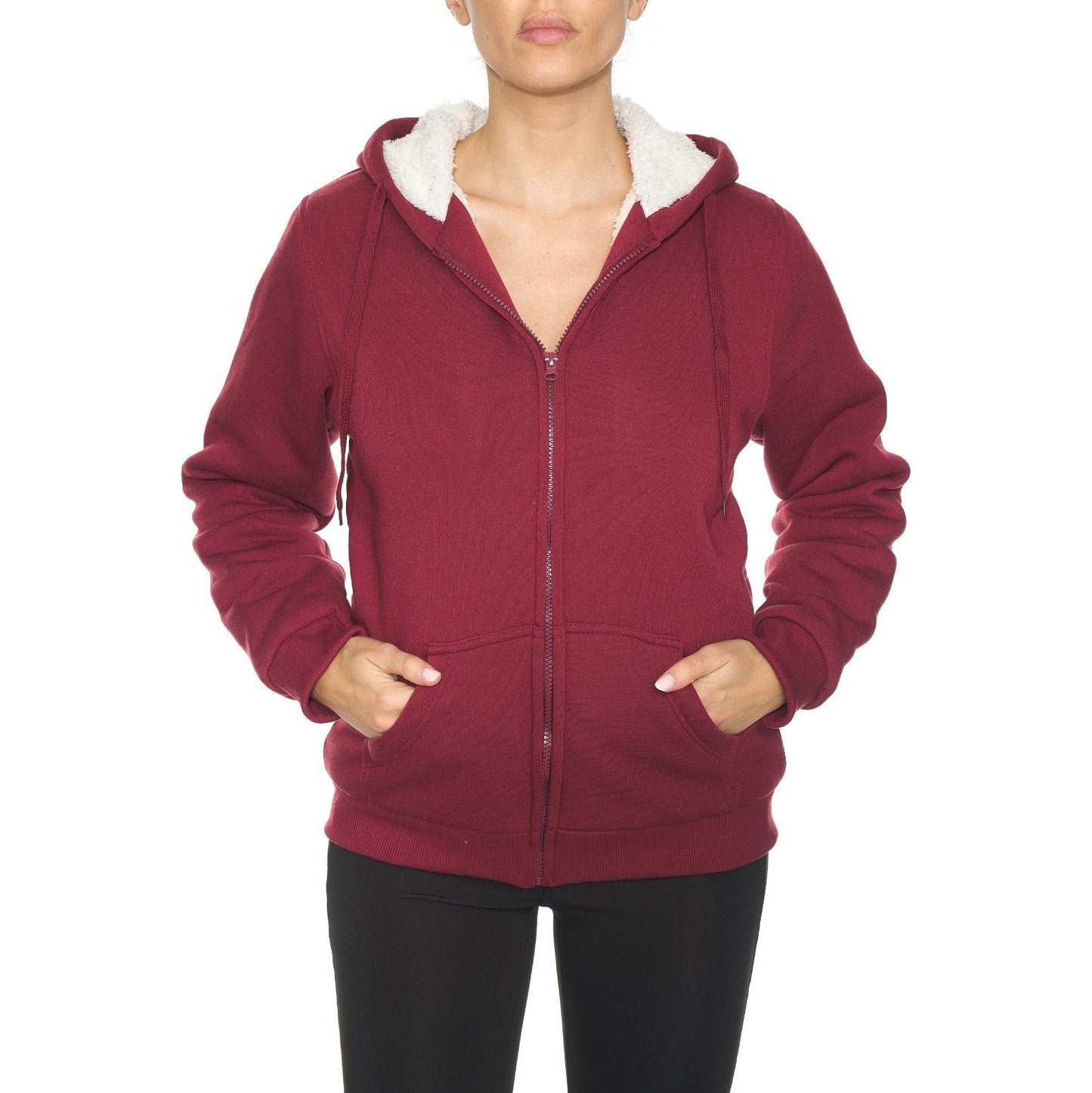 Women's Inner and Outer Sherpa Hoodie Sweatshirt Jacket Burgundy __stock:300 Jackets & Coats refund_fee:1200