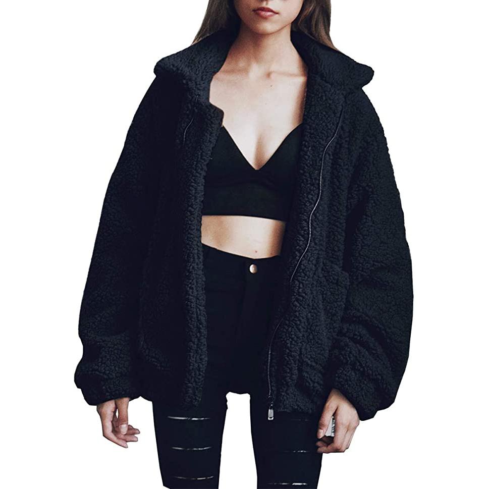 Women's Lapel Zip Up Faux Shearling Shaggy Coat Jacket Black __stock:100 Jackets & Coats refund_fee:1200