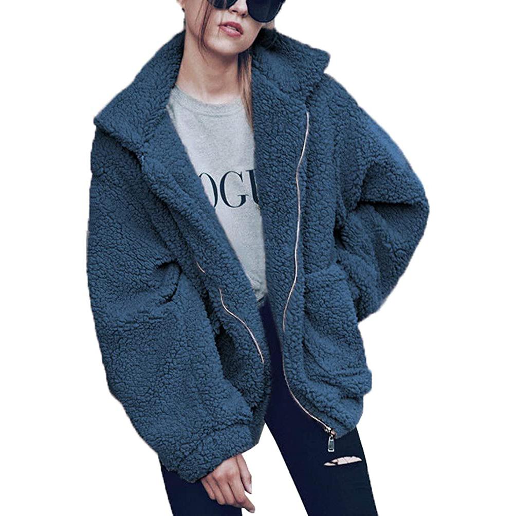 Women's Lapel Zip Up Faux Shearling Shaggy Coat Jacket Blue __stock:100 Jackets & Coats refund_fee:1200