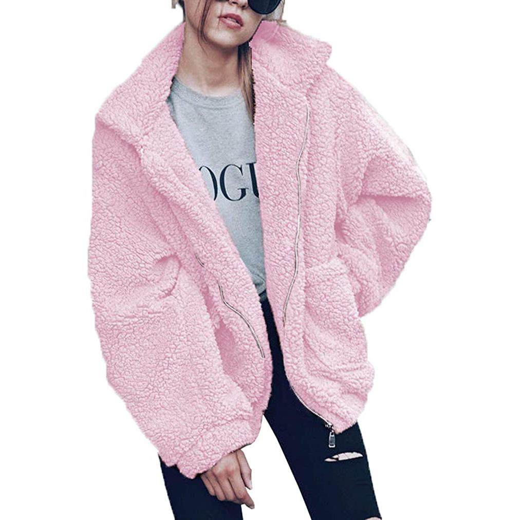 Women's Lapel Zip Up Faux Shearling Shaggy Coat Jacket Pink __stock:100 Jackets & Coats refund_fee:1200