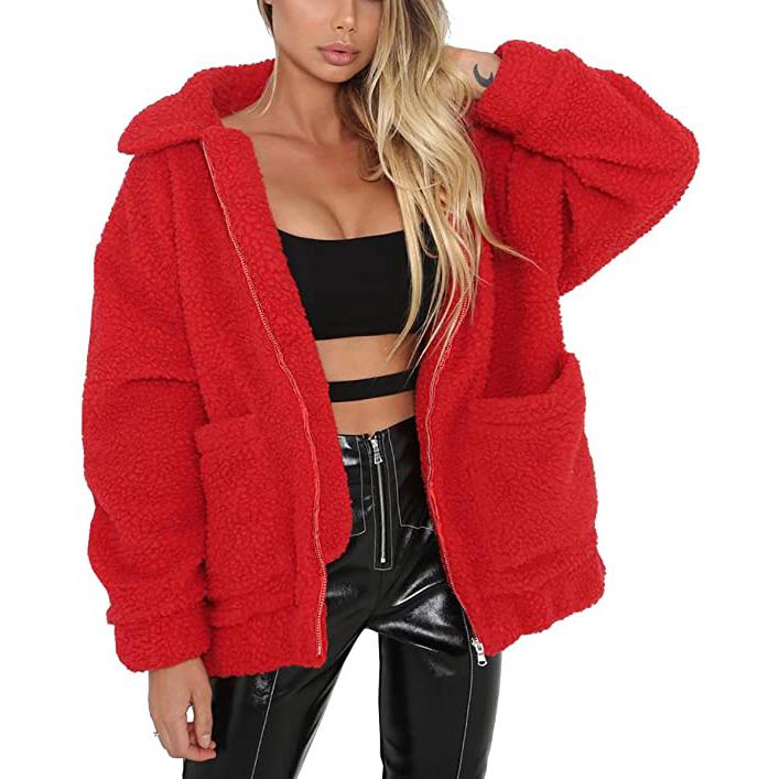 Women's Lapel Zip Up Faux Shearling Shaggy Coat Jacket Red __stock:100 Jackets & Coats refund_fee:1200