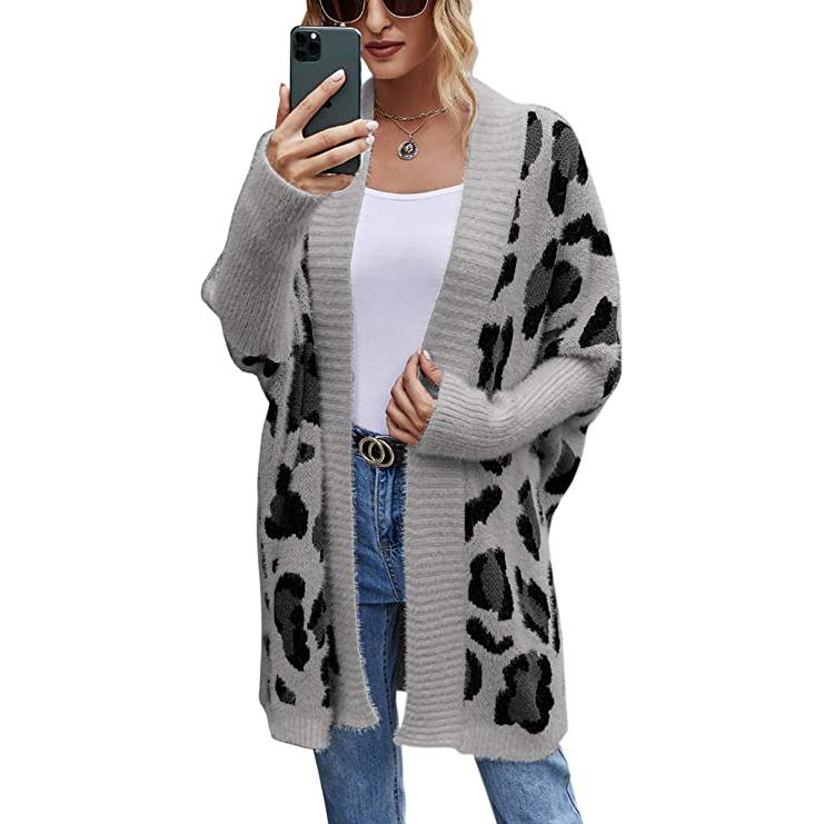 Women's Long Sleeves Leopard Print Knitting Cardigan Gray __stock:500 Jackets & Coats refund_fee:1200