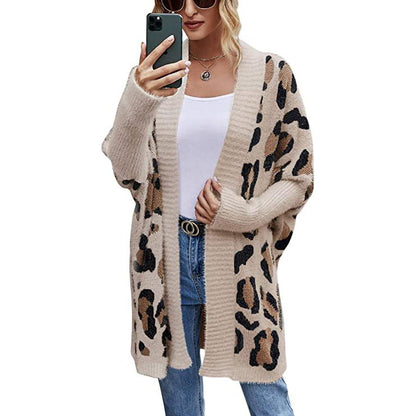 Women's Long Sleeves Leopard Print Knitting Cardigan Khaki __stock:500 Jackets & Coats refund_fee:1200