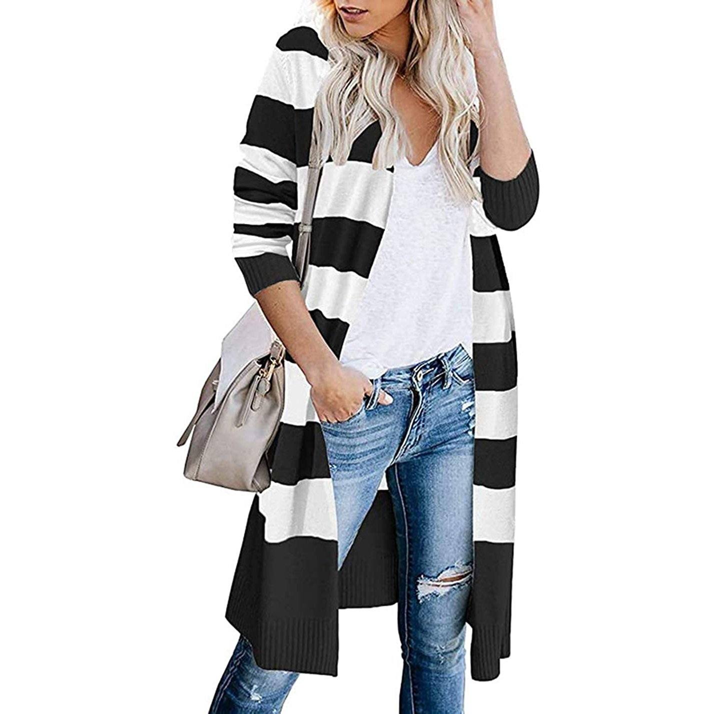 Women’s Open Front Long Cardigan Long Sleeves Lightweight Knit Fall Sweater Black __stock:500 Jackets & Coats refund_fee:1200