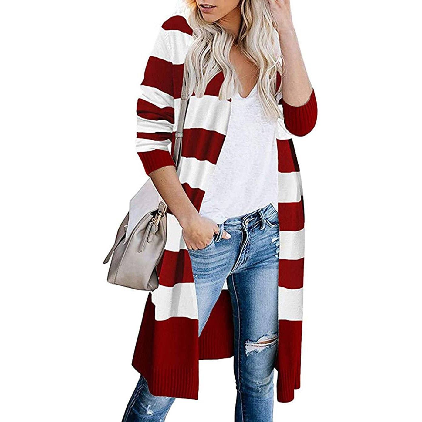 Women’s Open Front Long Cardigan Long Sleeves Lightweight Knit Fall Sweater Wine Red __stock:500 Jackets & Coats refund_fee:1200