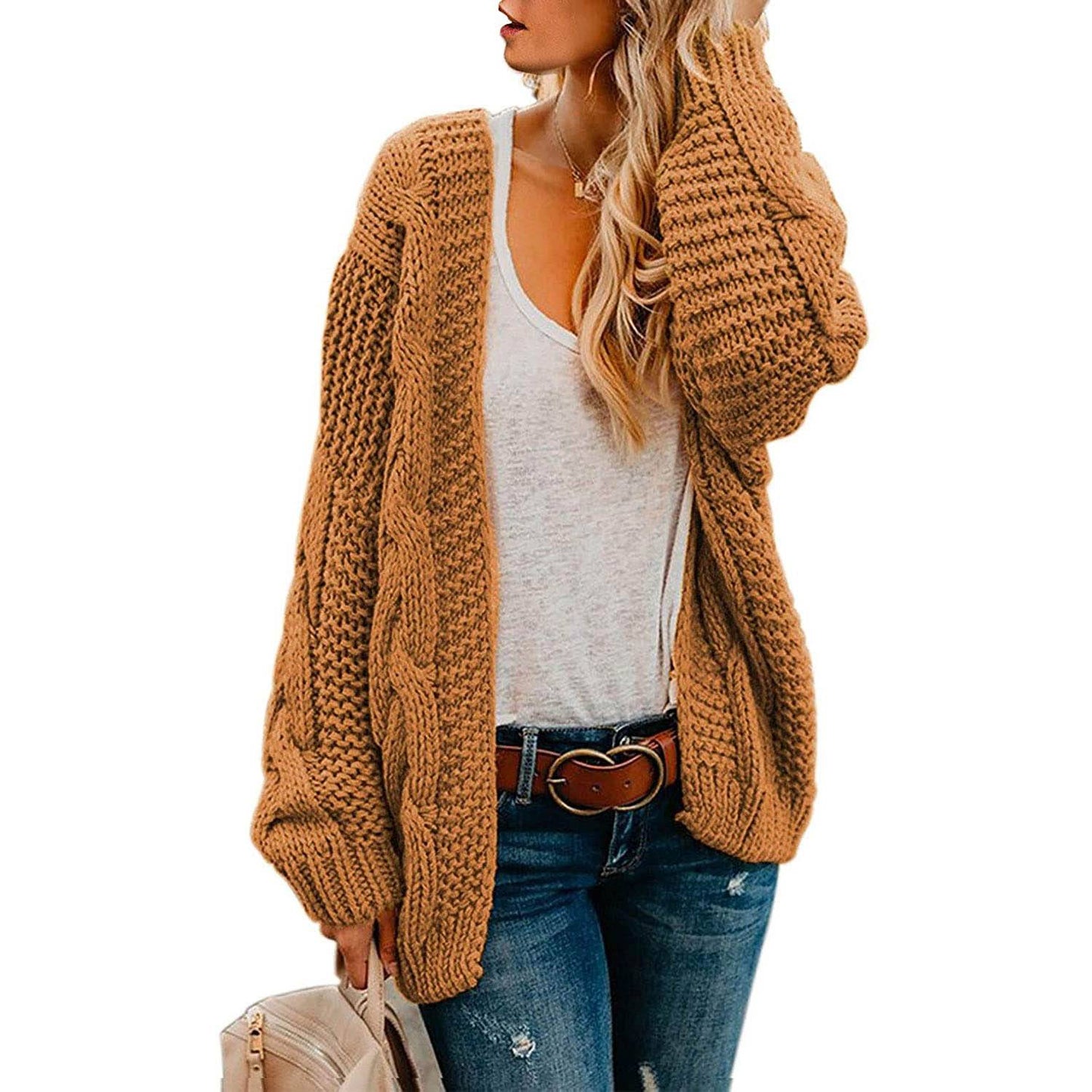 Womens Open Front Long Sleeve Chunky Knit Cardigan Sweaters Loose Outwear Coat Brown __stock:500 Jackets & Coats refund_fee:1200