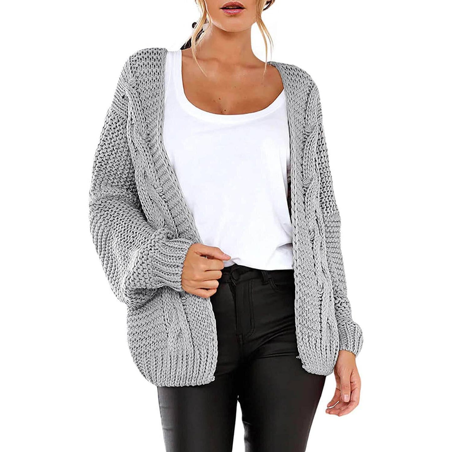 Womens Open Front Long Sleeve Chunky Knit Cardigan Sweaters Loose Outwear Coat Gray __stock:500 Jackets & Coats refund_fee:1200