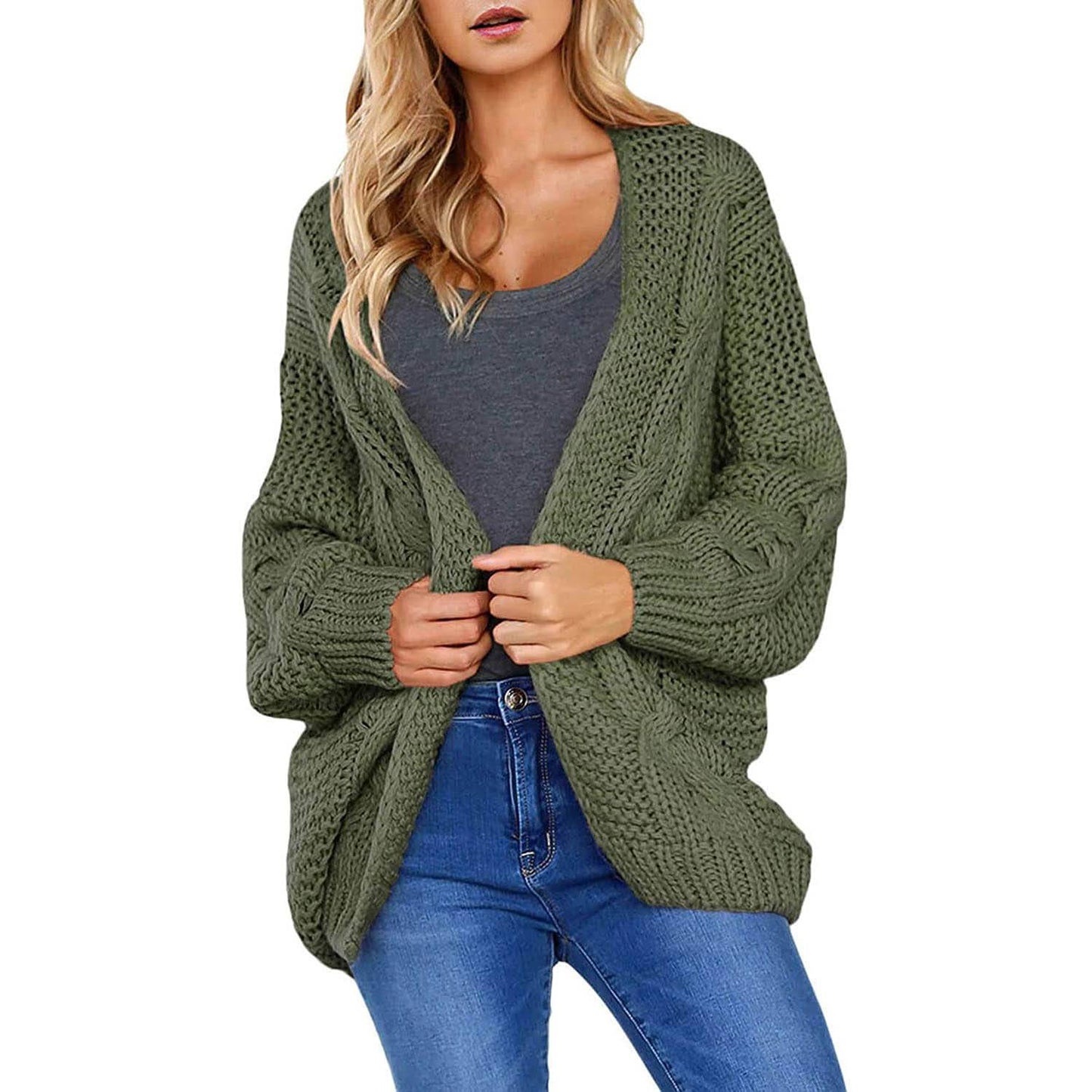 Womens Open Front Long Sleeve Chunky Knit Cardigan Sweaters Loose Outwear Coat Green __stock:500 Jackets & Coats refund_fee:1200