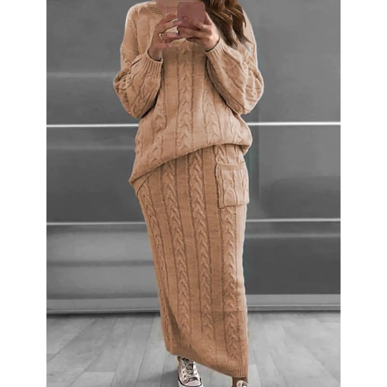 Women's Pocket Knitted Patchwork Solid Casual Long Sleeve Loose Sweater Khaki __stock:200 Jackets & Coats refund_fee:1800