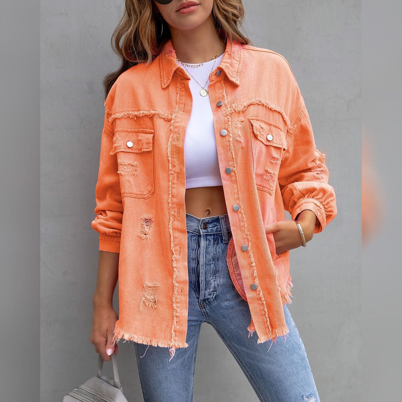 Women's Shacket Long Sleeve Denim Orange __stock:200 Jackets & Coats refund_fee:1200