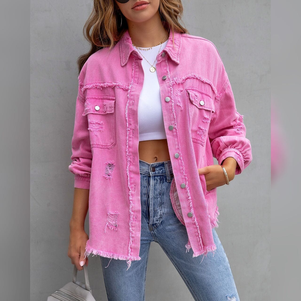 Women's Shacket Long Sleeve Denim Pink __stock:200 Jackets & Coats refund_fee:1200