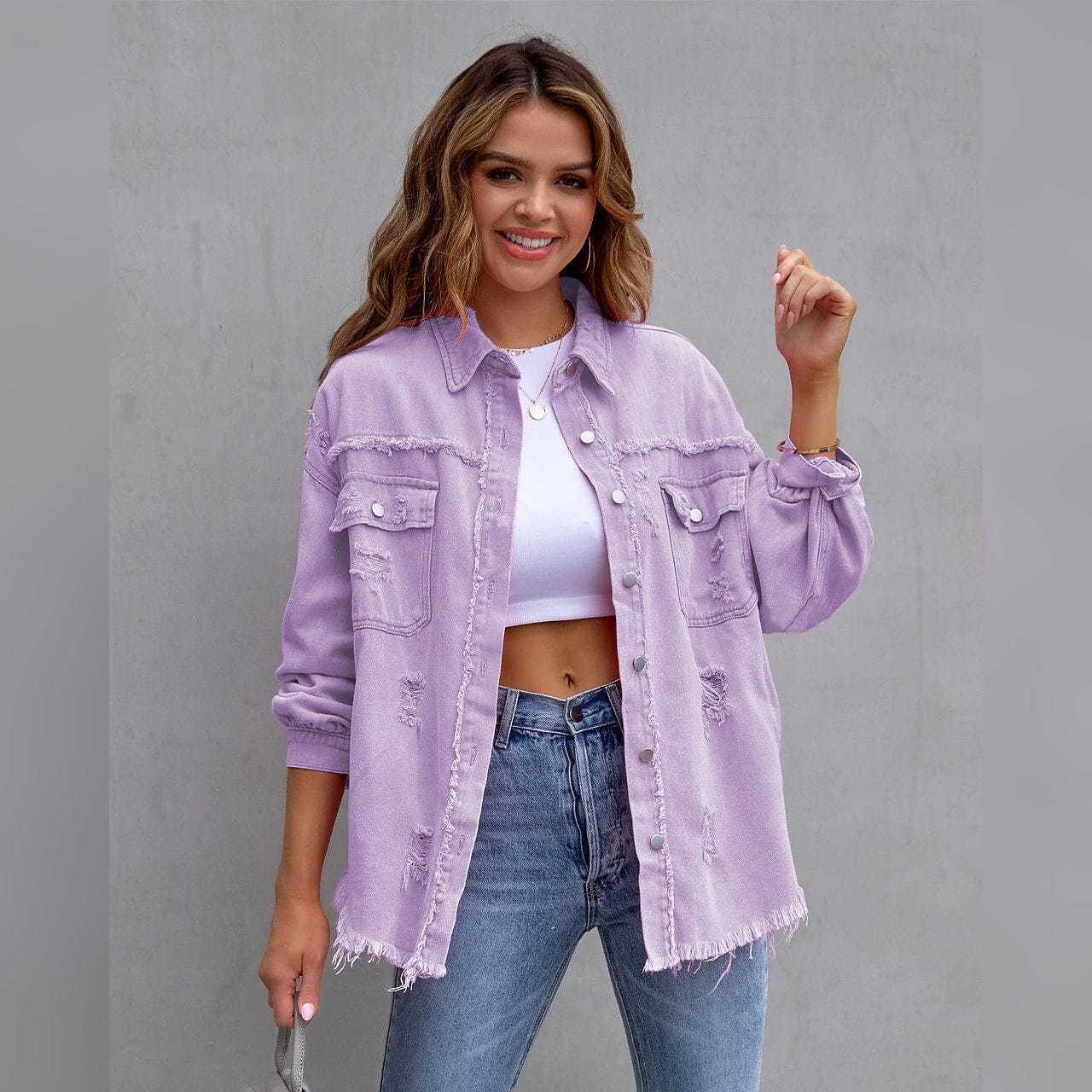 Women's Shacket Long Sleeve Denim Purple __stock:200 Jackets & Coats refund_fee:1200